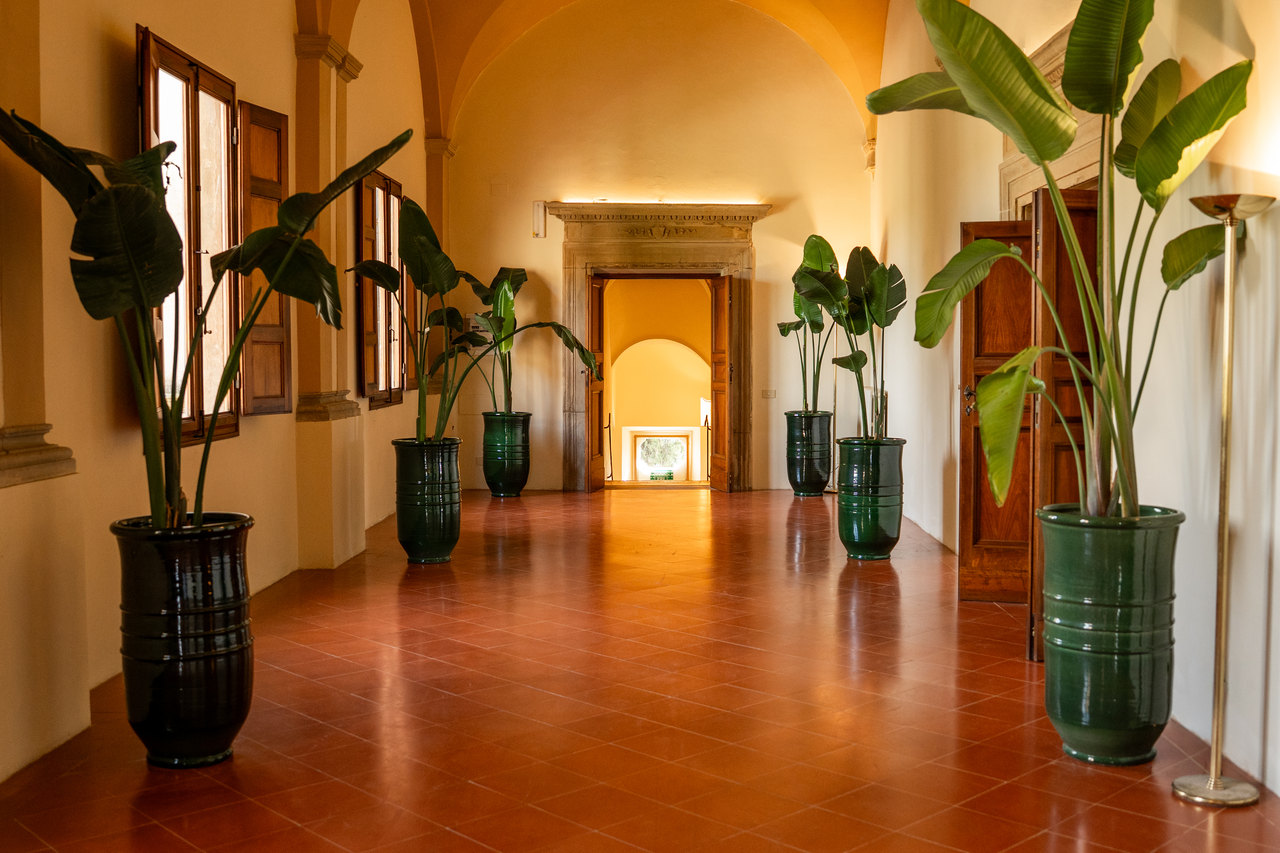 La galleria del primo piano: le volte color ocra, il cotto lucido, le piante nei vasi verdi e la luce in fondo